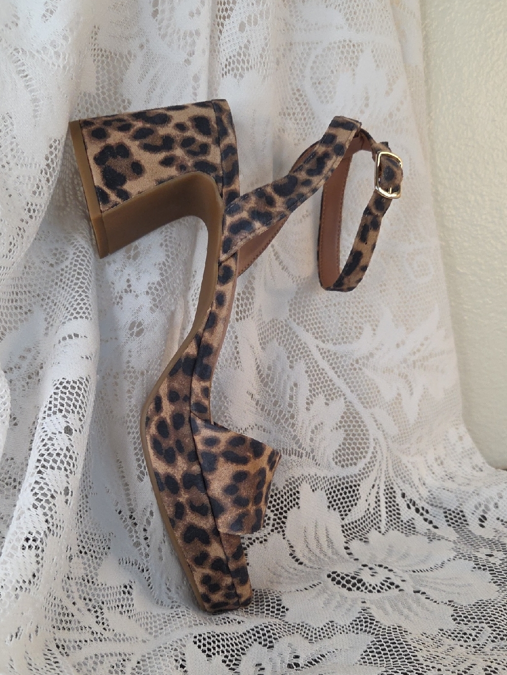 Copper Key Leopard Print Block Heel SandalsTan & Brown. Ankle Strap Adjustable